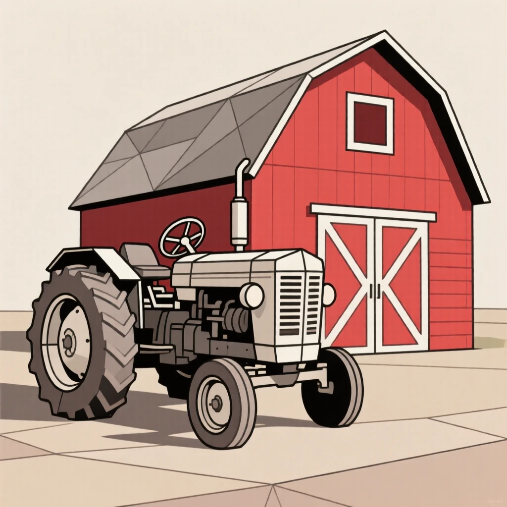 A vintage tractor parked beside a red barn