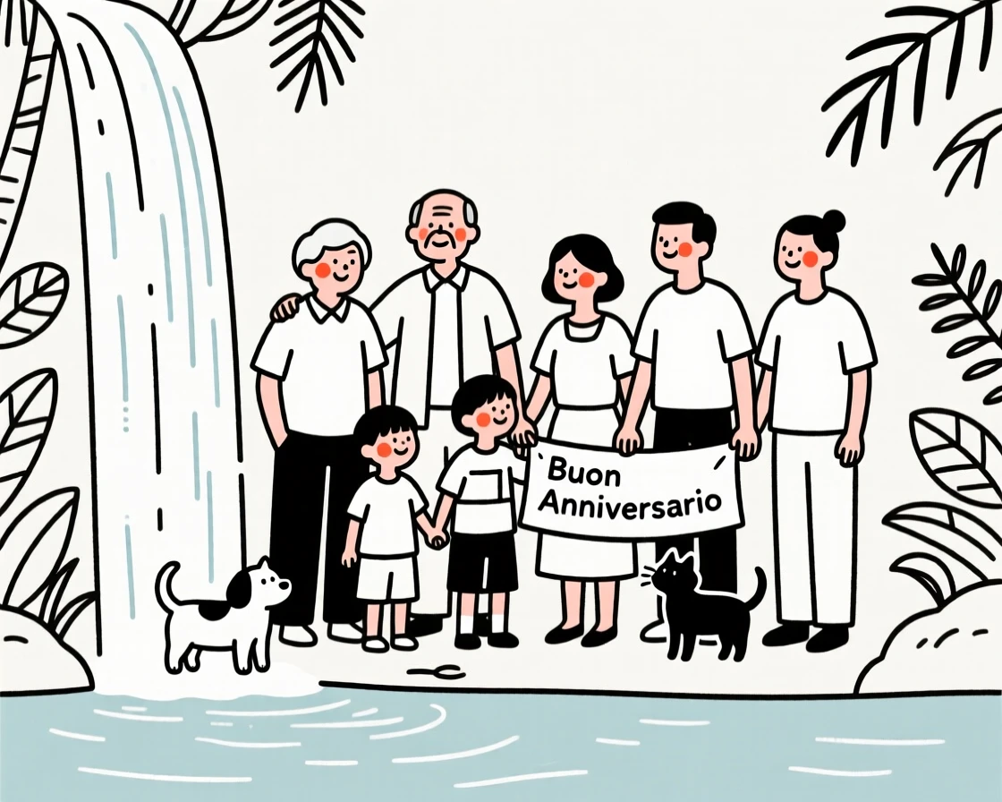 A large extended family of Italian heritage celebrating an anniversary, by a waterfall in the jungle.
