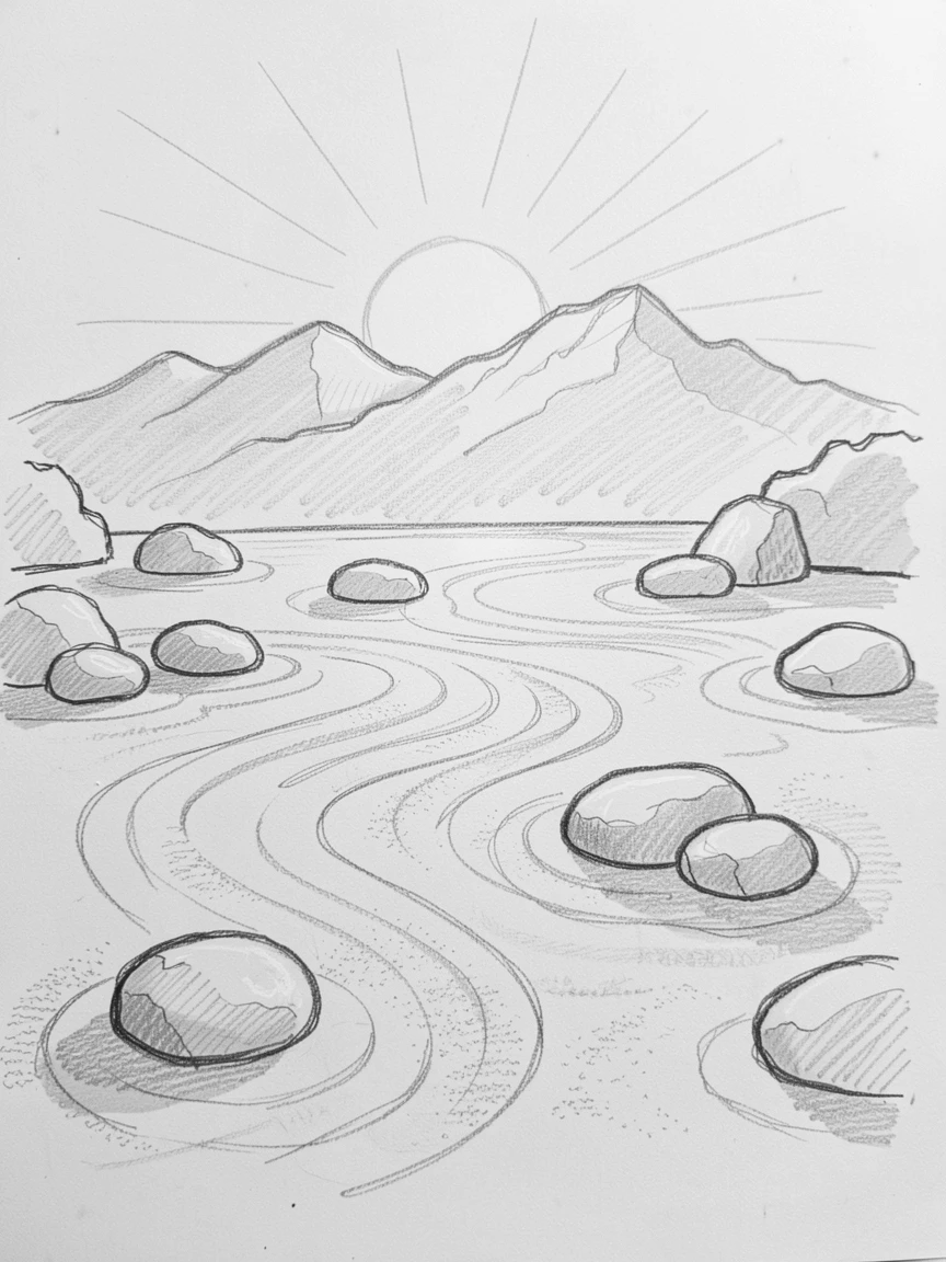 A serene, inspiring scene of a peaceful zen garden with raked sand and smooth stones, as the sun rises over distant mountains, radiating quiet hope and renewal.
