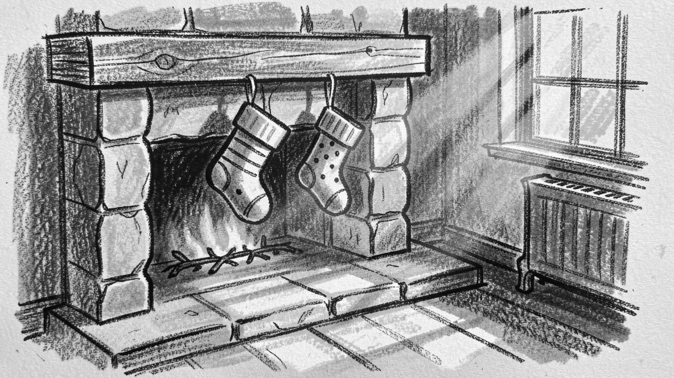 A quiet Christmas morning with stockings by the fireplace, as golden afternoon sun spills across the scene.