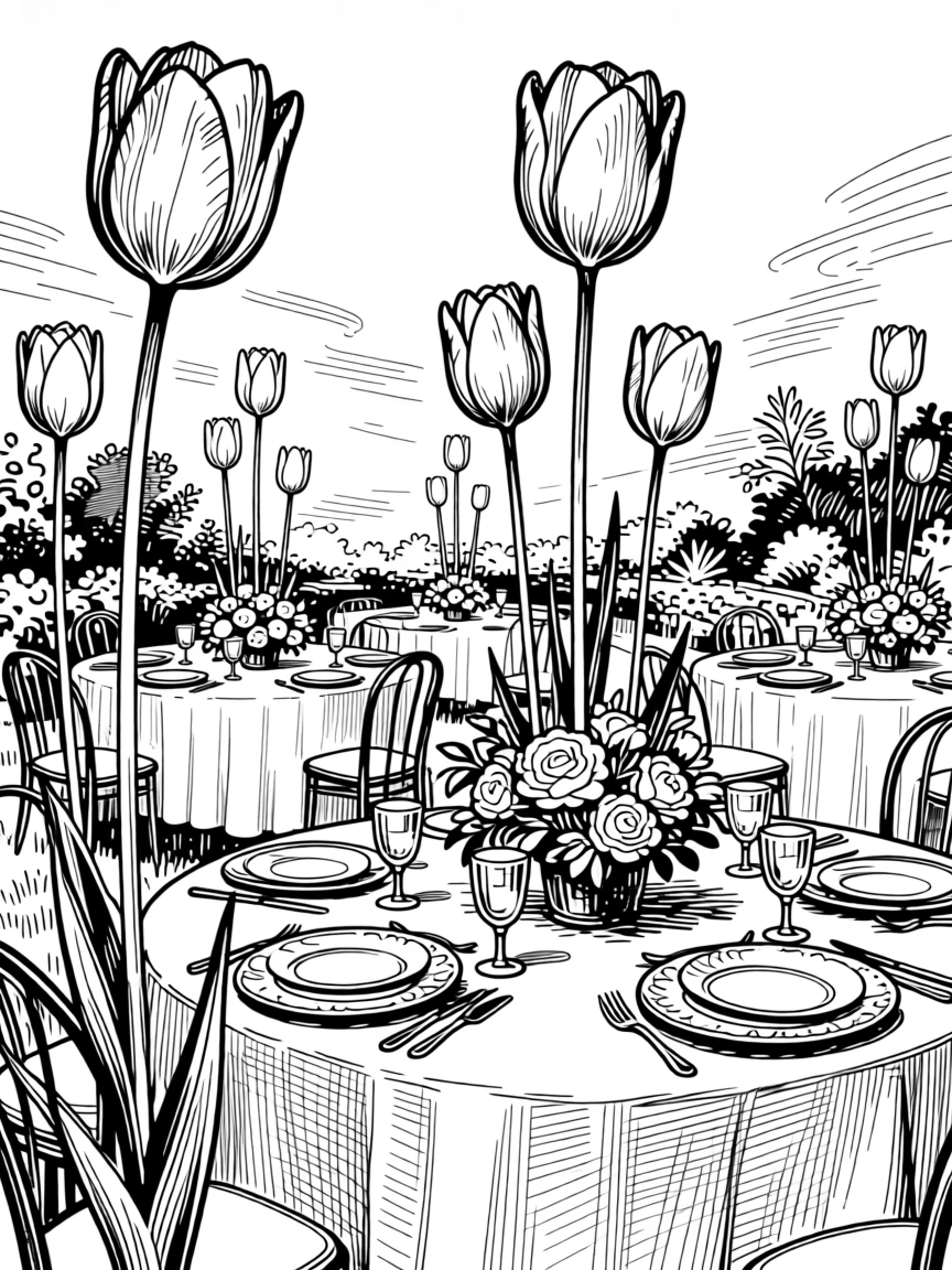 A festive spring garden celebration with tables set among blooming tulips.