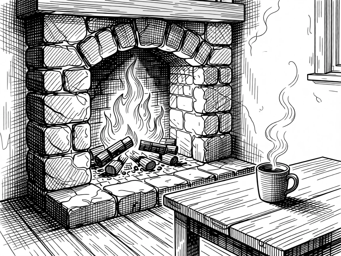 A fireplace crackling in a quiet cottage room as the last light of day fades gently away, with the gentle curl of steam from a warm drink, evoking a simply content sense of calm.