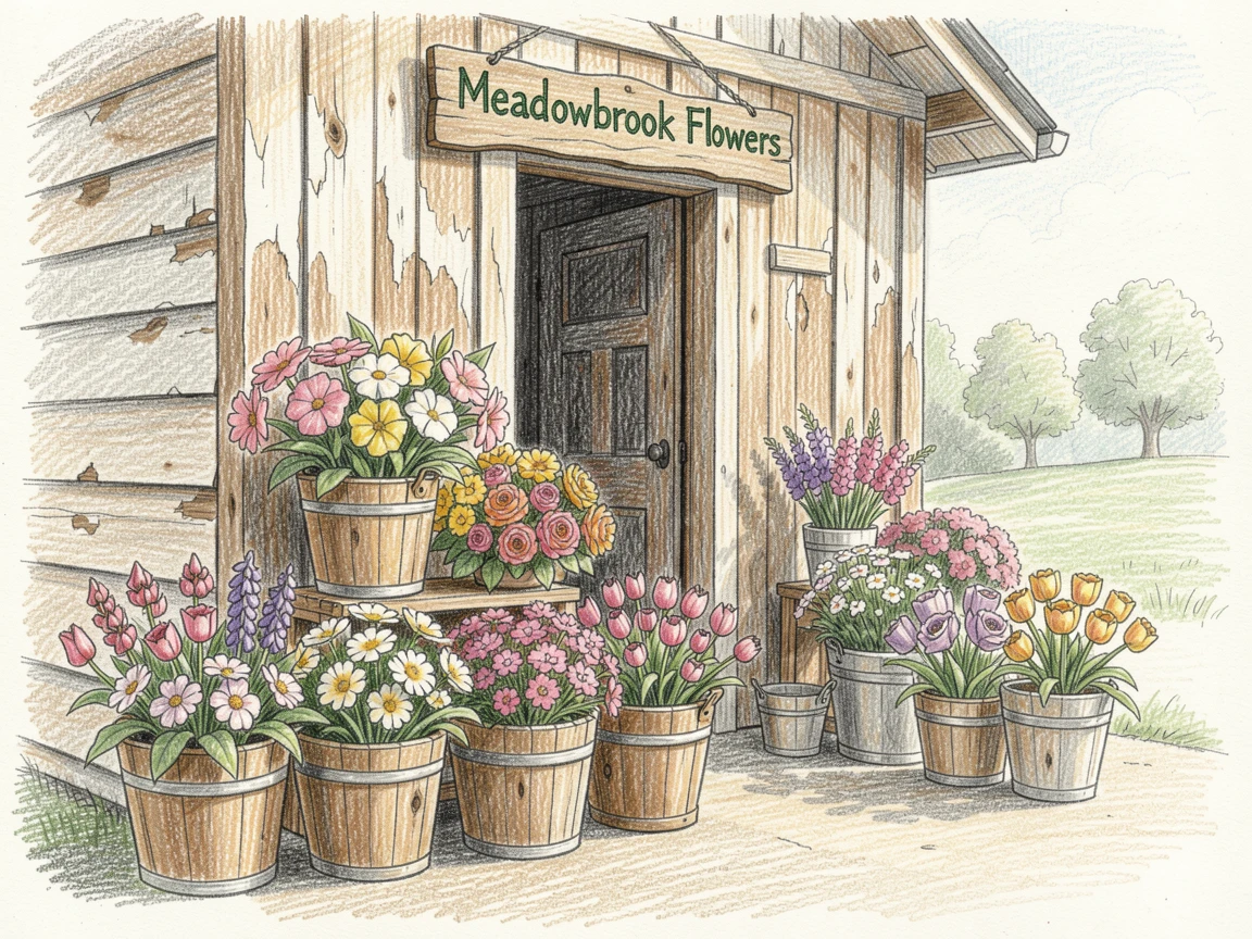 A rustic countryside flower shop with buckets of fresh blooms outside, framed thoughtfully to draw the eye toward the central subject, capturing a quiet story that lingers with the viewer.