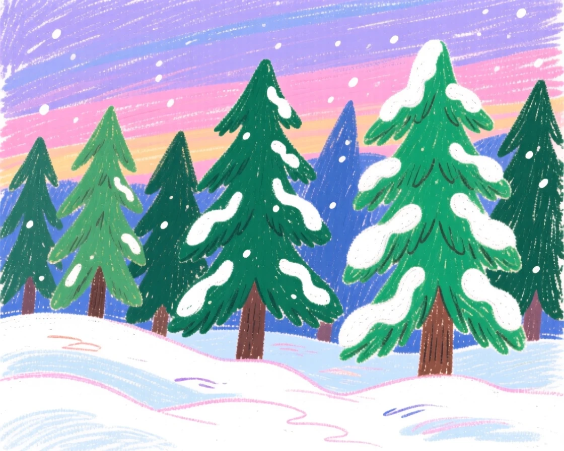 Fresh snowfall blanketing a row of pine trees at dusk.