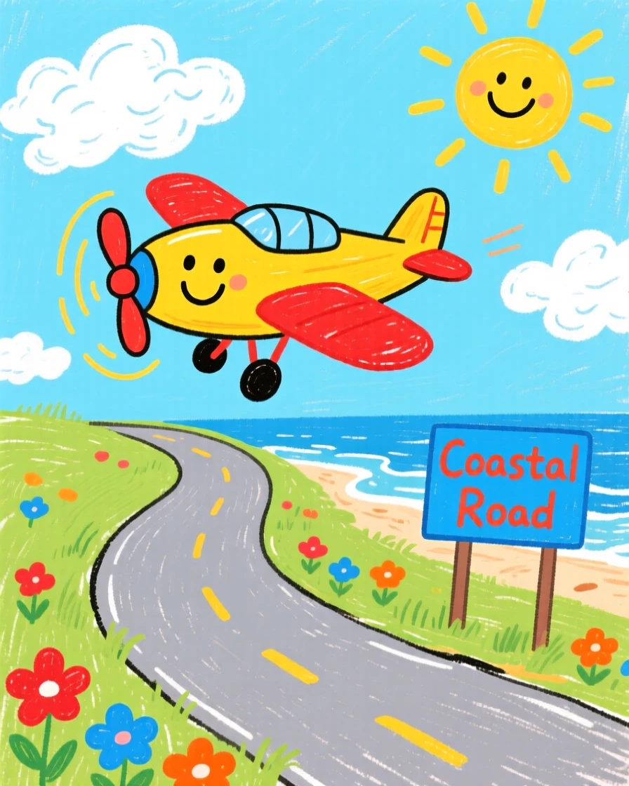 A small propeller airplane traveling along a winding coastal road.