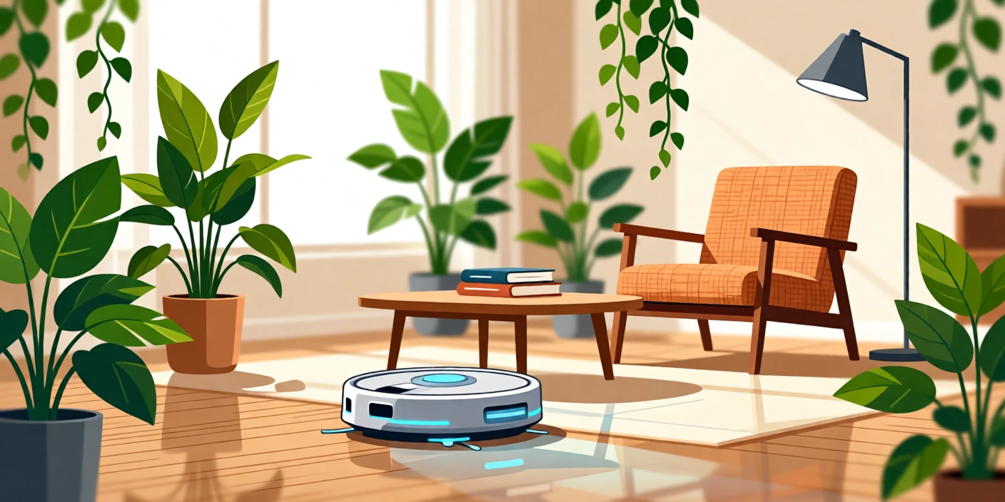 A small robot vacuum navigating around a cozy living room, surrounded by lush greenery blended with modern design, arranged with soft reflections adding a polished feel, with a subtle sense of wonder about future possibilities.