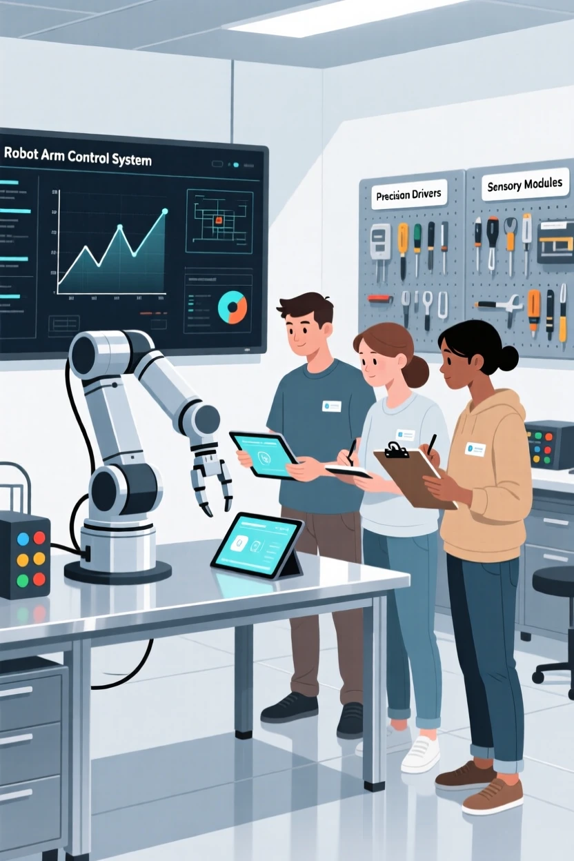 A research team monitoring an experiment in a modern robotics workshop.
