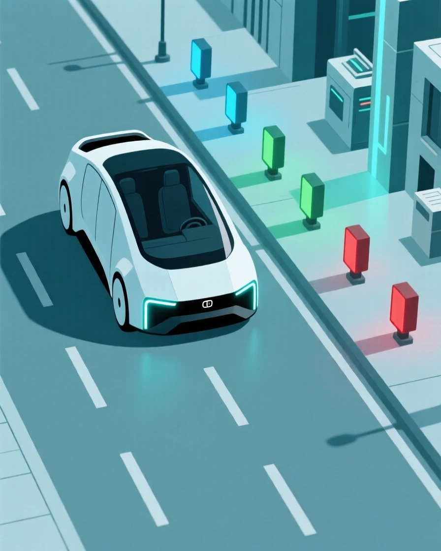 A view of autonomous vehicle on a city street operating within a high-tech laboratory, near glowing indicator lights, evoking inventive curiosity.