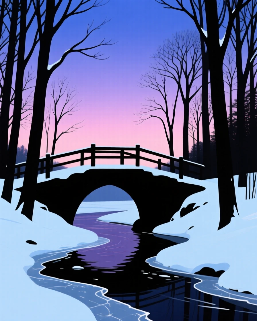 A quiet snow-covered bridge crossing a frozen stream in a silent forest.