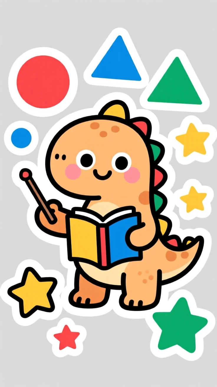 A warm and welcoming cute dinosaur teaching kids fun facts, surrounded by simple colorful shapes, ideal for early childhood learning.