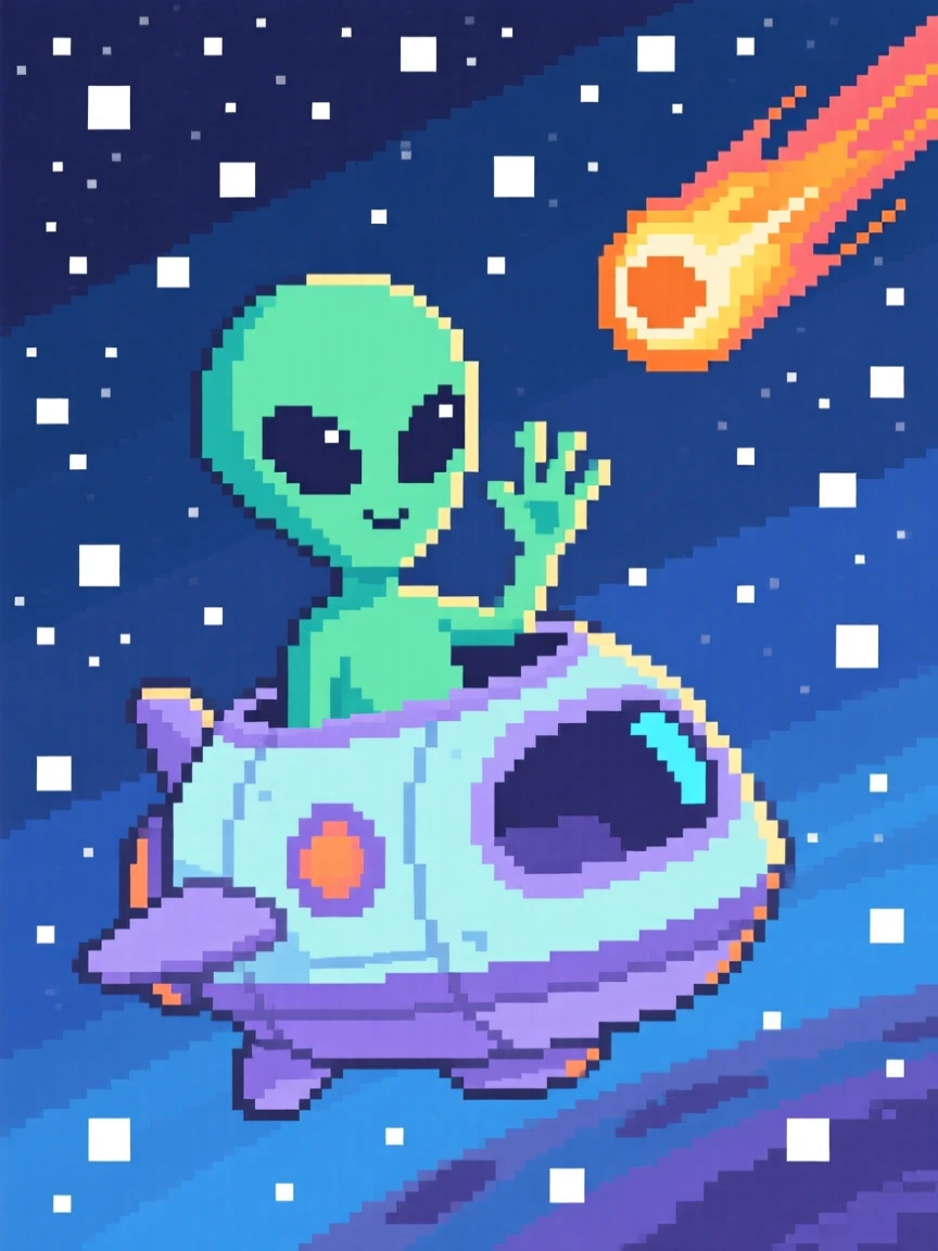 A curious alien child waving at a passing comet, aboard a small spacecraft drifting through the stars.