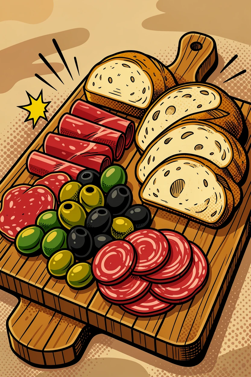 A rustic charcuterie spread with olives and crusty bread