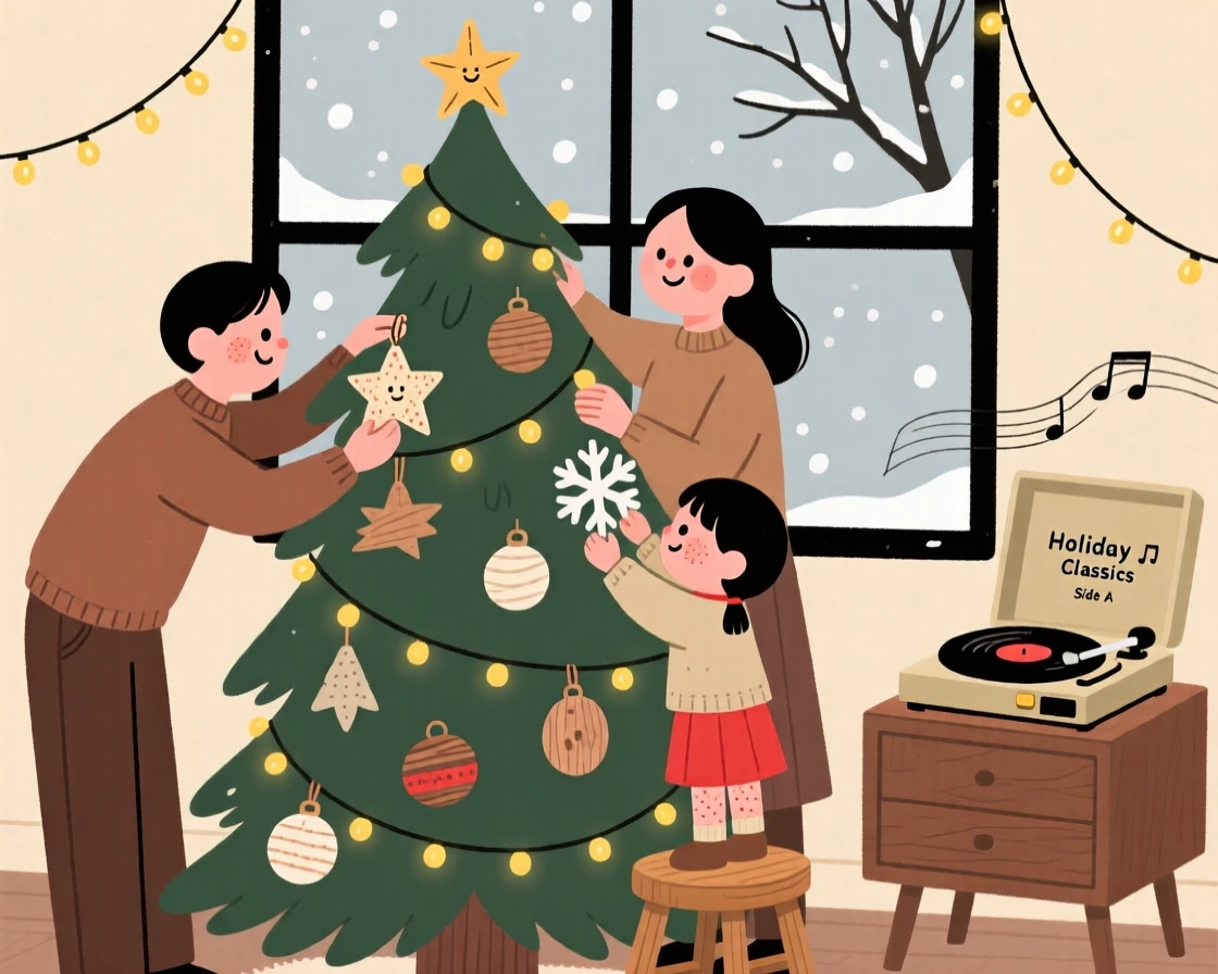 A family decorates a tall pine tree with handmade ornaments and twinkling lights while an old holiday record plays softly and the first snow of winter falls outside the window.