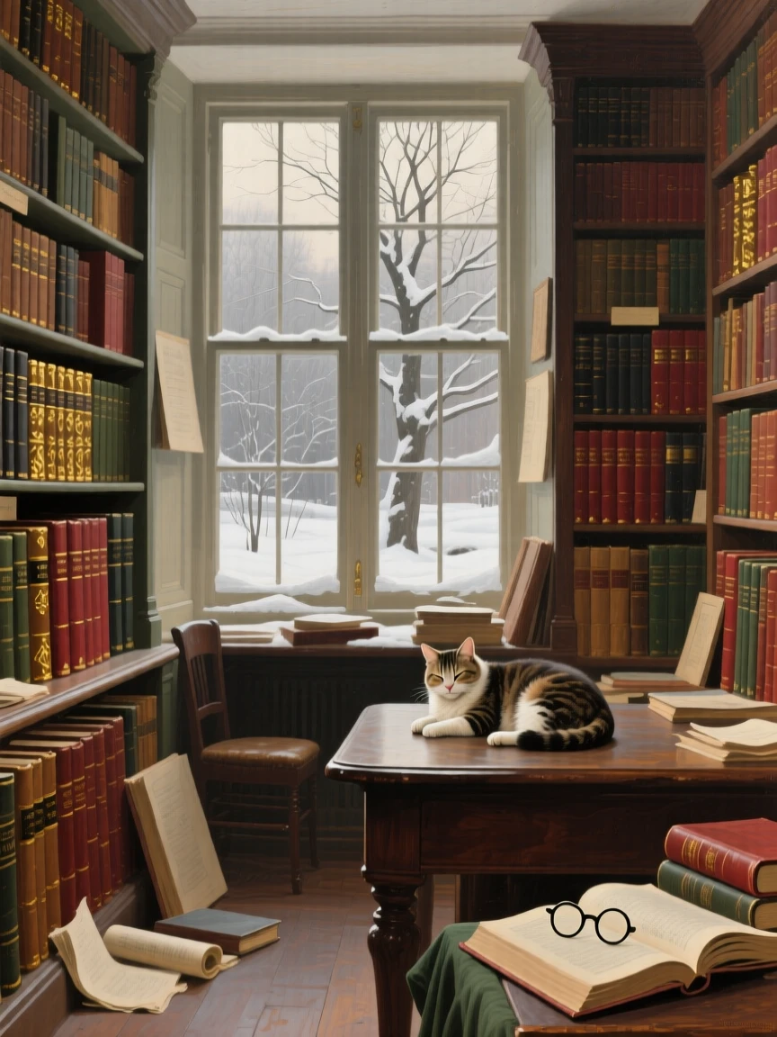 An expansive vista of an antique bookshop crammed with leather-bound volumes and a sleeping cat, in deep winter.