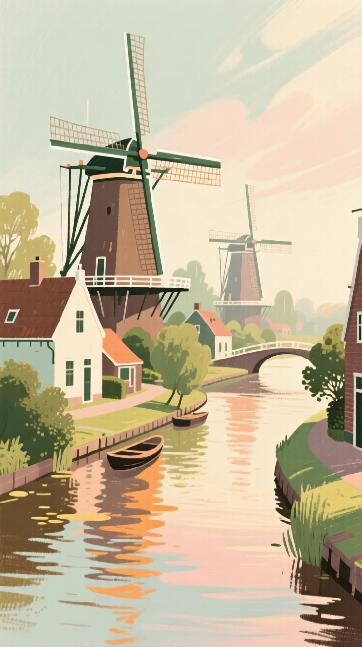 The historic canals and windmills of a Dutch heritage village