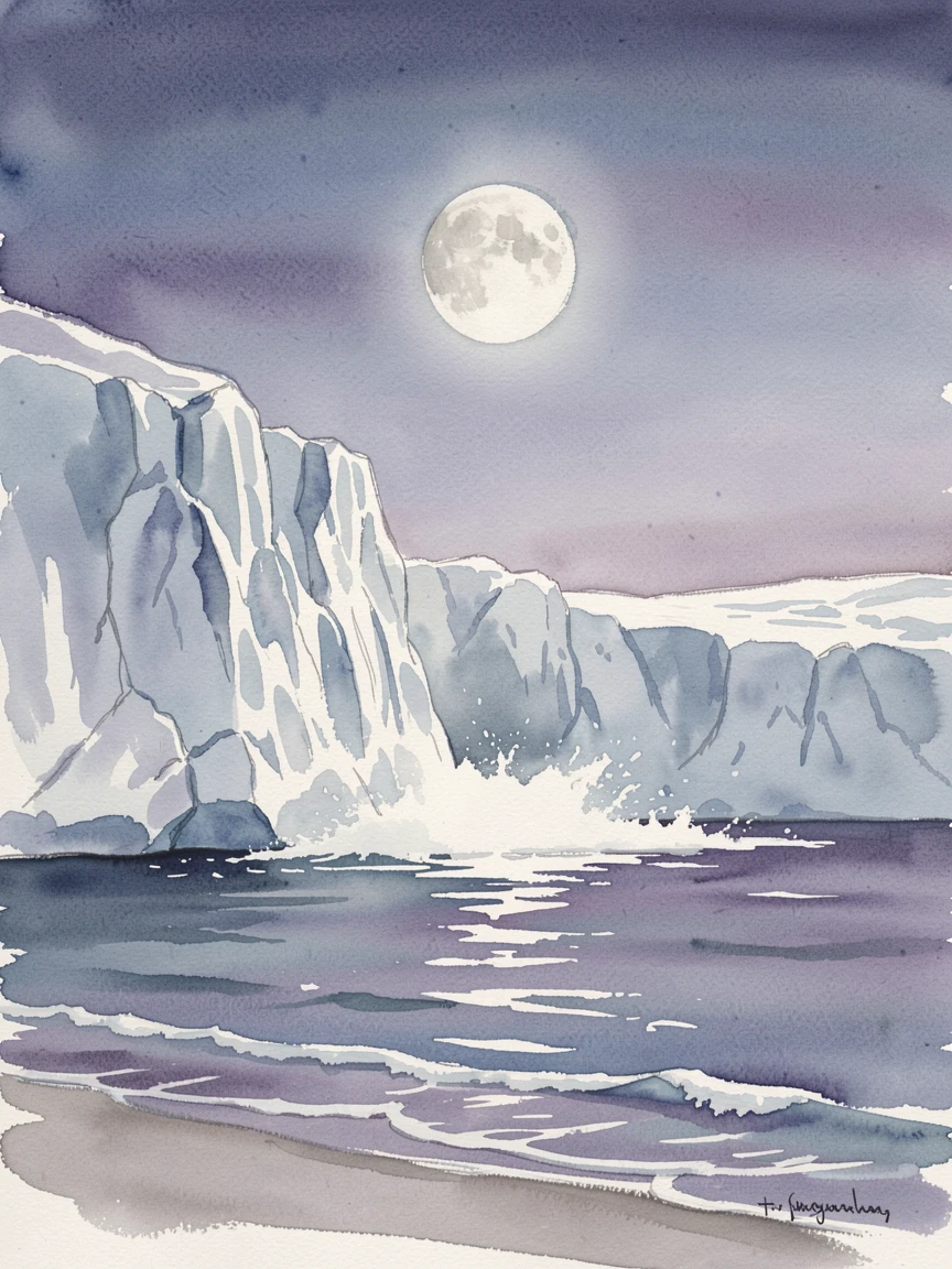 A glacier calving into the sea under a full moon with gentle waves lapping the shore.