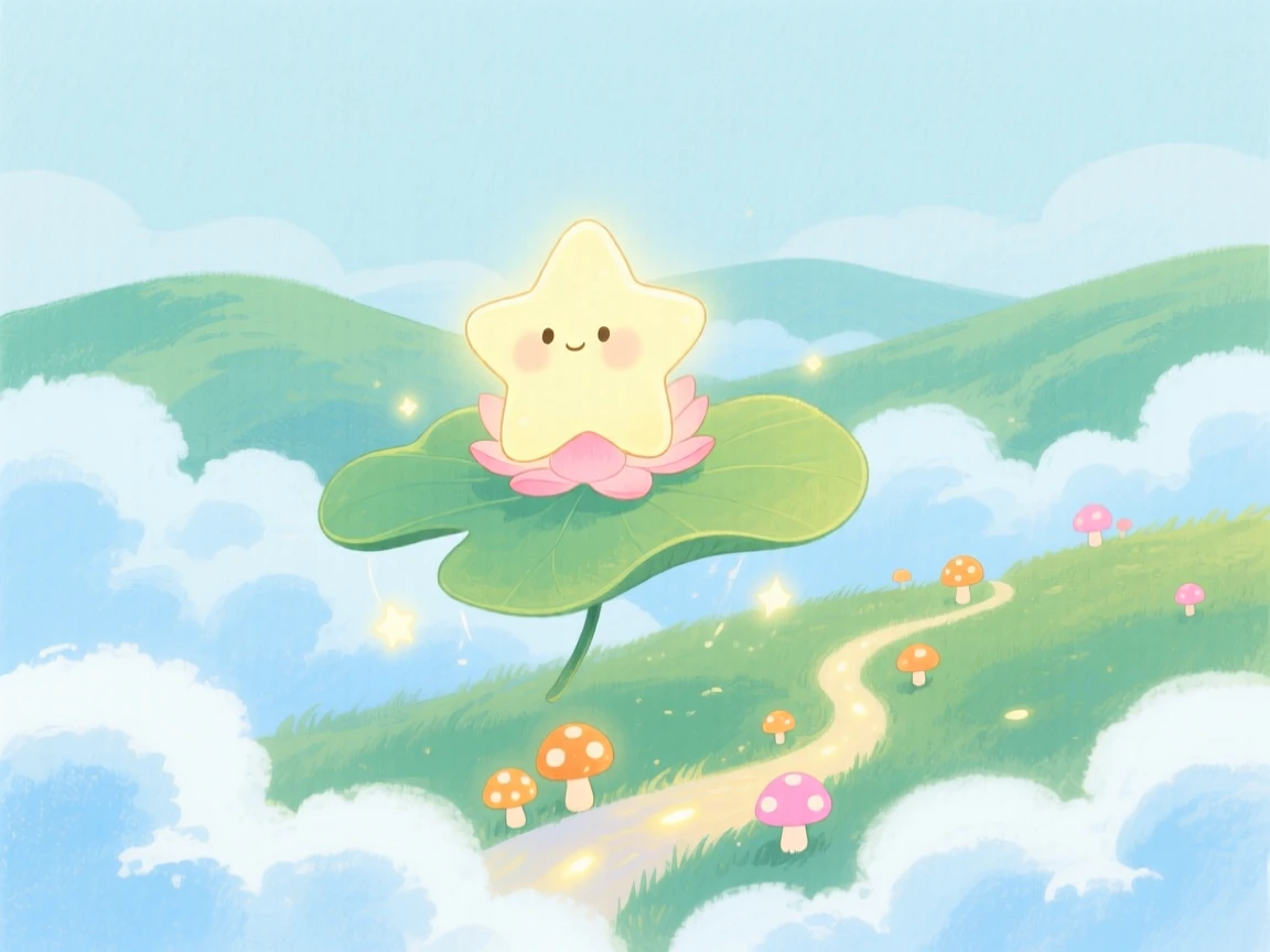 A tiny star creature rides atop a drifting lily pad in a cloud kingdom above the hills, with glowing mushrooms lighting the path