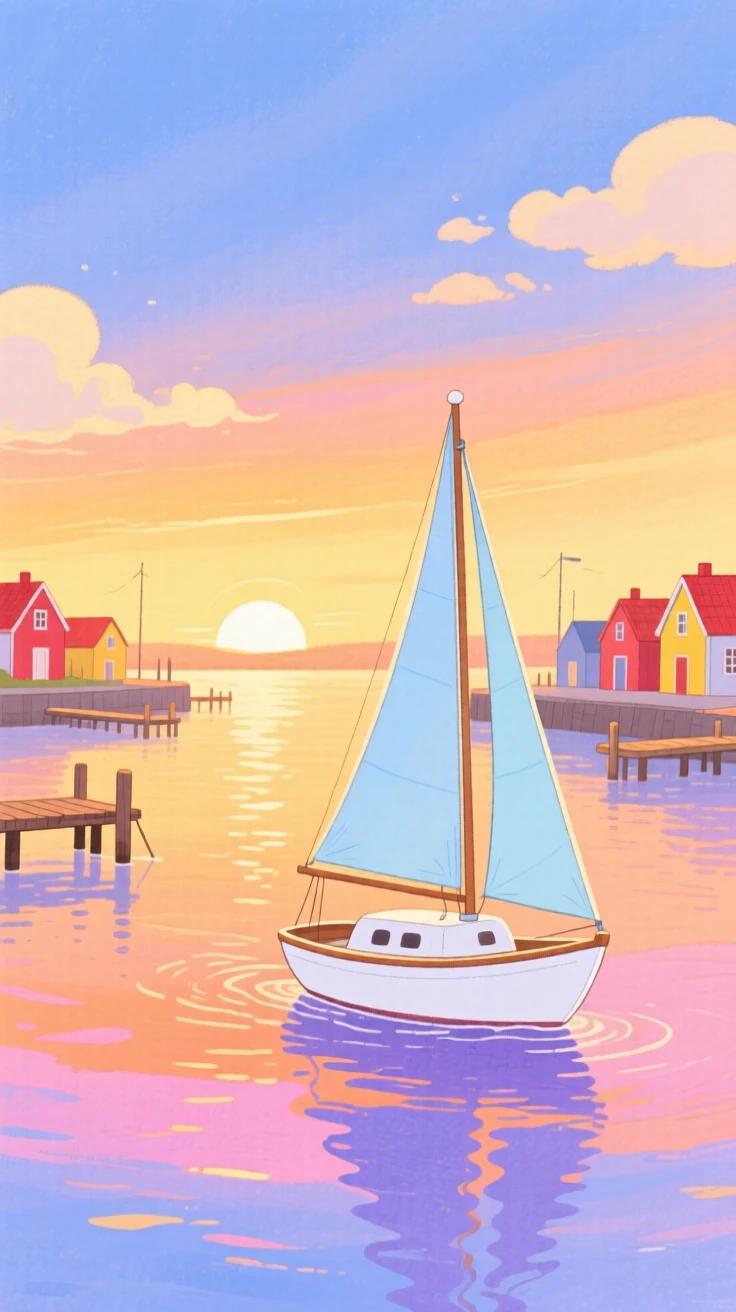A picturesque view of a small sailboat gliding across a calm harbor at sunset.