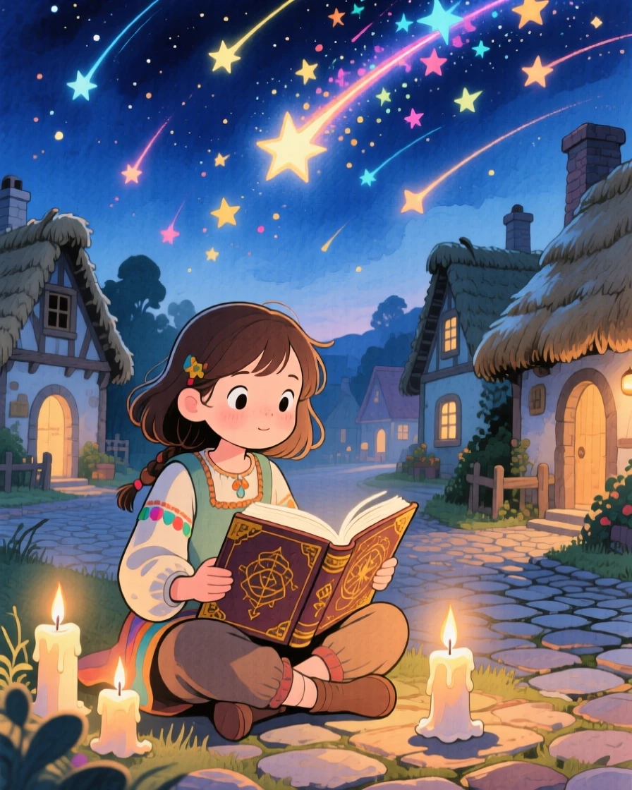 A brave village girl turned hero reading an ancient spellbook by candlelight, in a sky full of shooting stars over a fantasy village, filled with wonder and magical excitement.