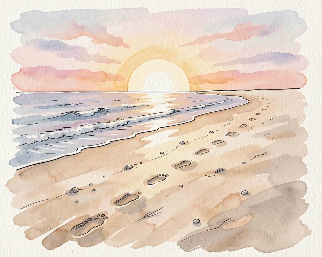 A trail of footprints leading toward a glowing sunrise on an empty beach, a quiet sense of hope and possibility filling the scene.