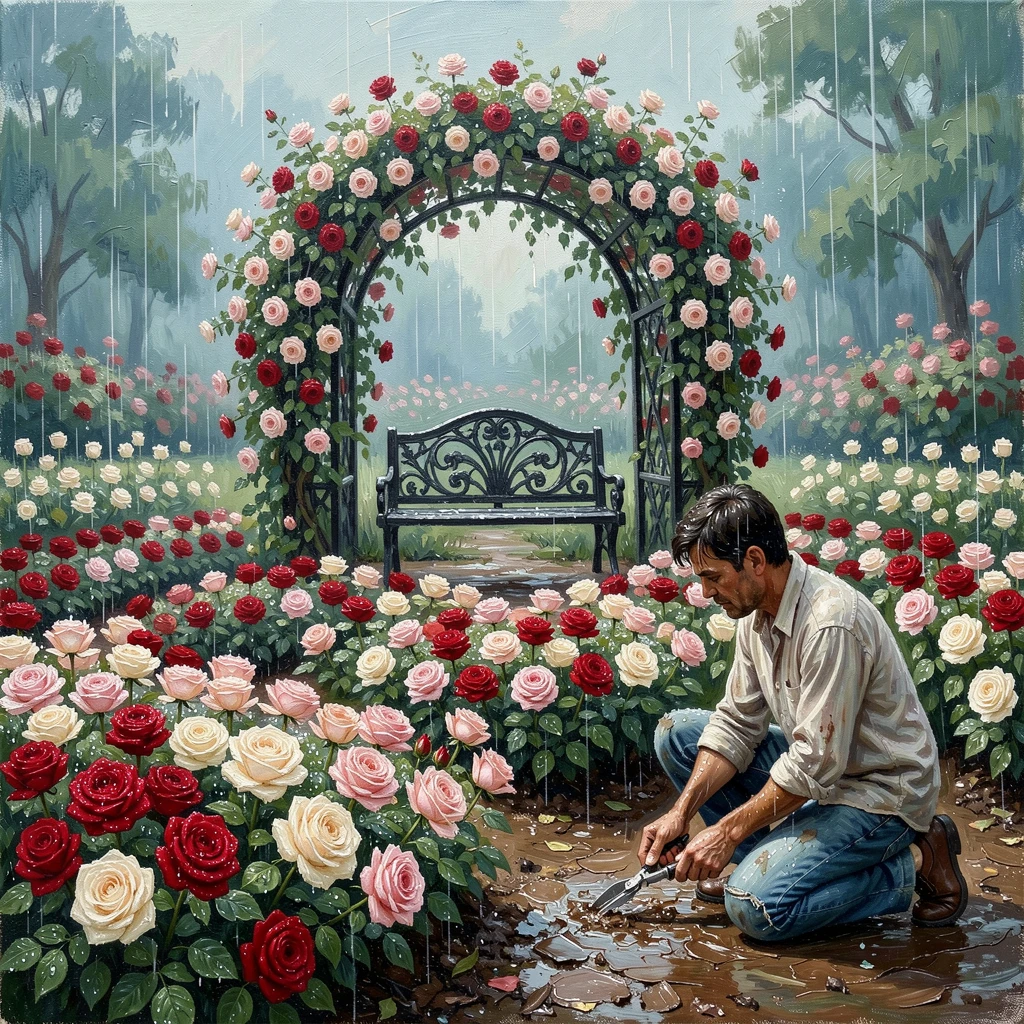 Just after a light rain, petals beaded with water, a rose garden arranged in concentric circles, with a wrought-iron bench tucked beneath a flowering arbor, a gardener kneeling quietly, tending the flower beds.