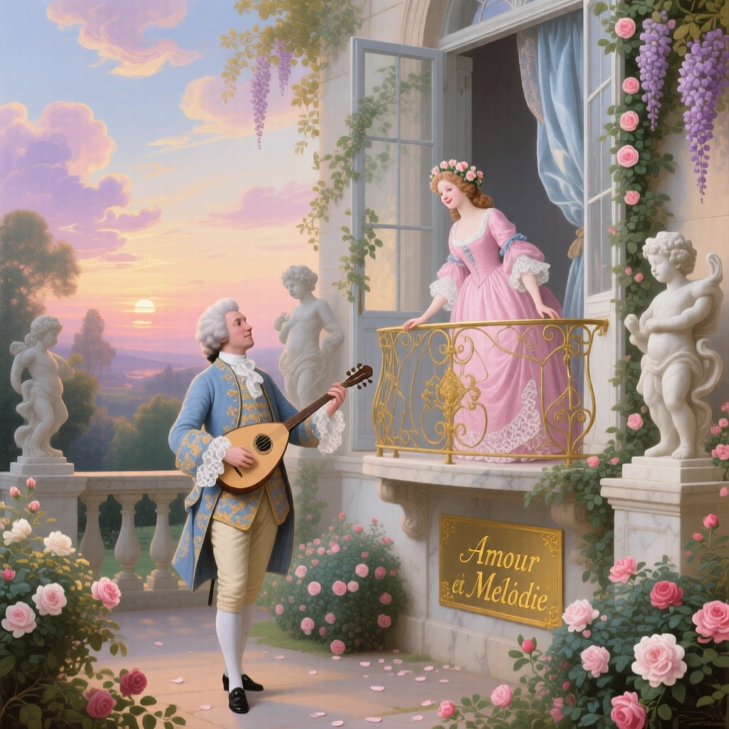 A gentleman serenading his beloved from a garden terrace below her window  