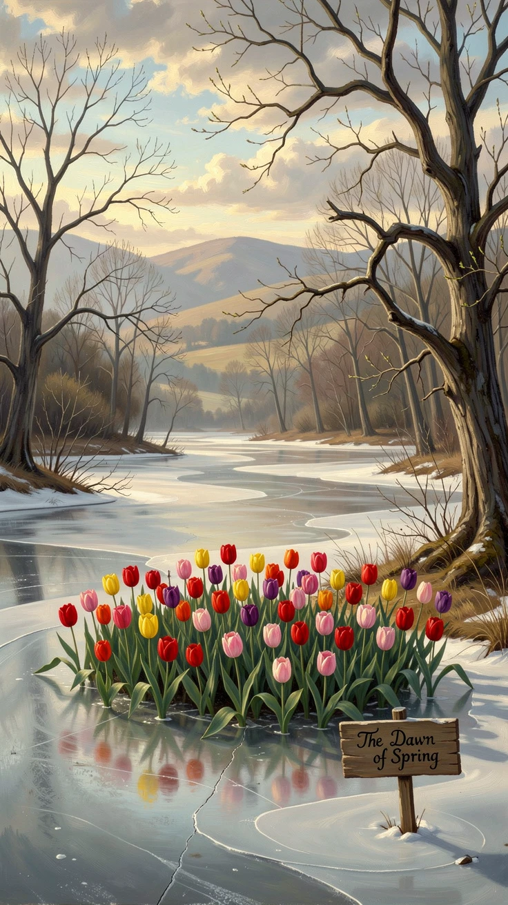 A field of tulips sway gently in a frozen pond in winter as the world awakens after winter.