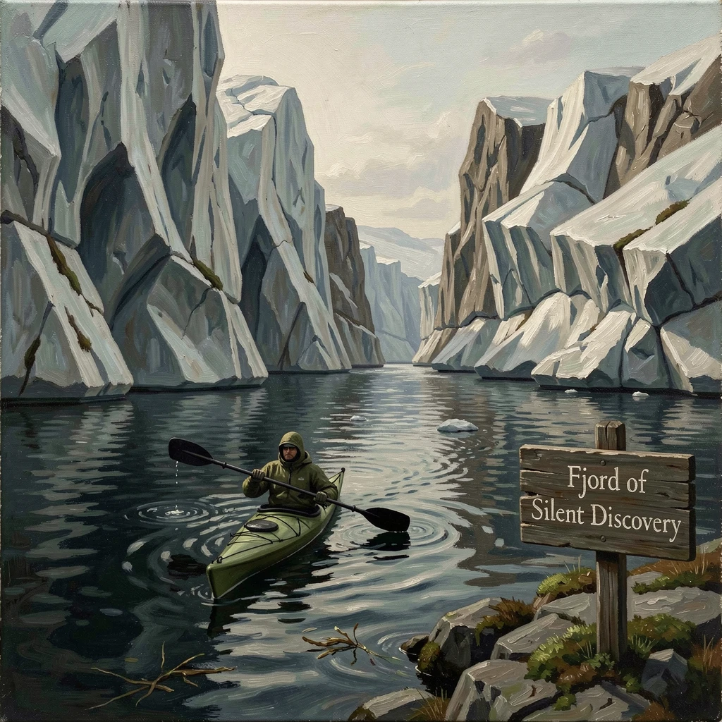 A kayaker gliding silently past massive icebergs in a polar fjord, as the thrill of discovery radiates through the entire composition, celebrating exploration, discovery, and unforgettable experiences