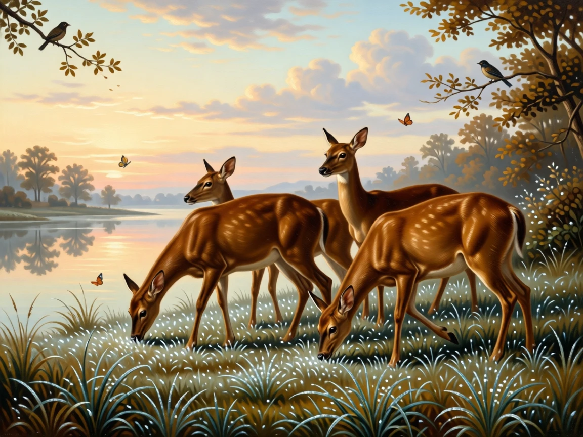 A family of deer grazing quietly in a dew-covered meadow at dawn as instinct and elegance move in perfect harmony, set beside a still lake reflecting a painterly sky, with small birds or butterflies adding quiet movement to the scene; the composition balances raw power with graceful, natural stillness, capturing a quiet, breathtaking moment of wild grace.