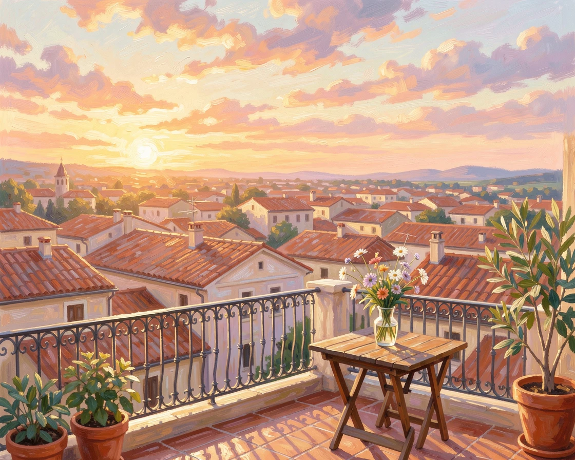 A sunlit rooftop terrace overlooking a sea of red-tiled roofs in a historic Mediterranean town, under a glowing sunset sky, inspiring awe at the beauty of the scene.