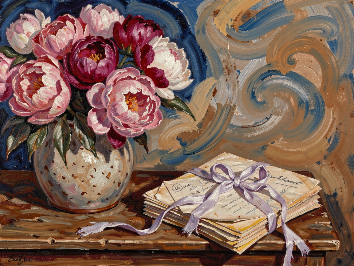 A vase of peonies beside a stack of old letters tied with faded ribbon.