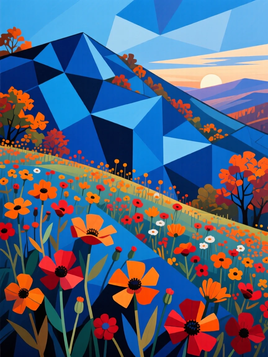 A wide shot of a blooming wildflower hillside in the blue light just before sunrise, during vibrant autumn.