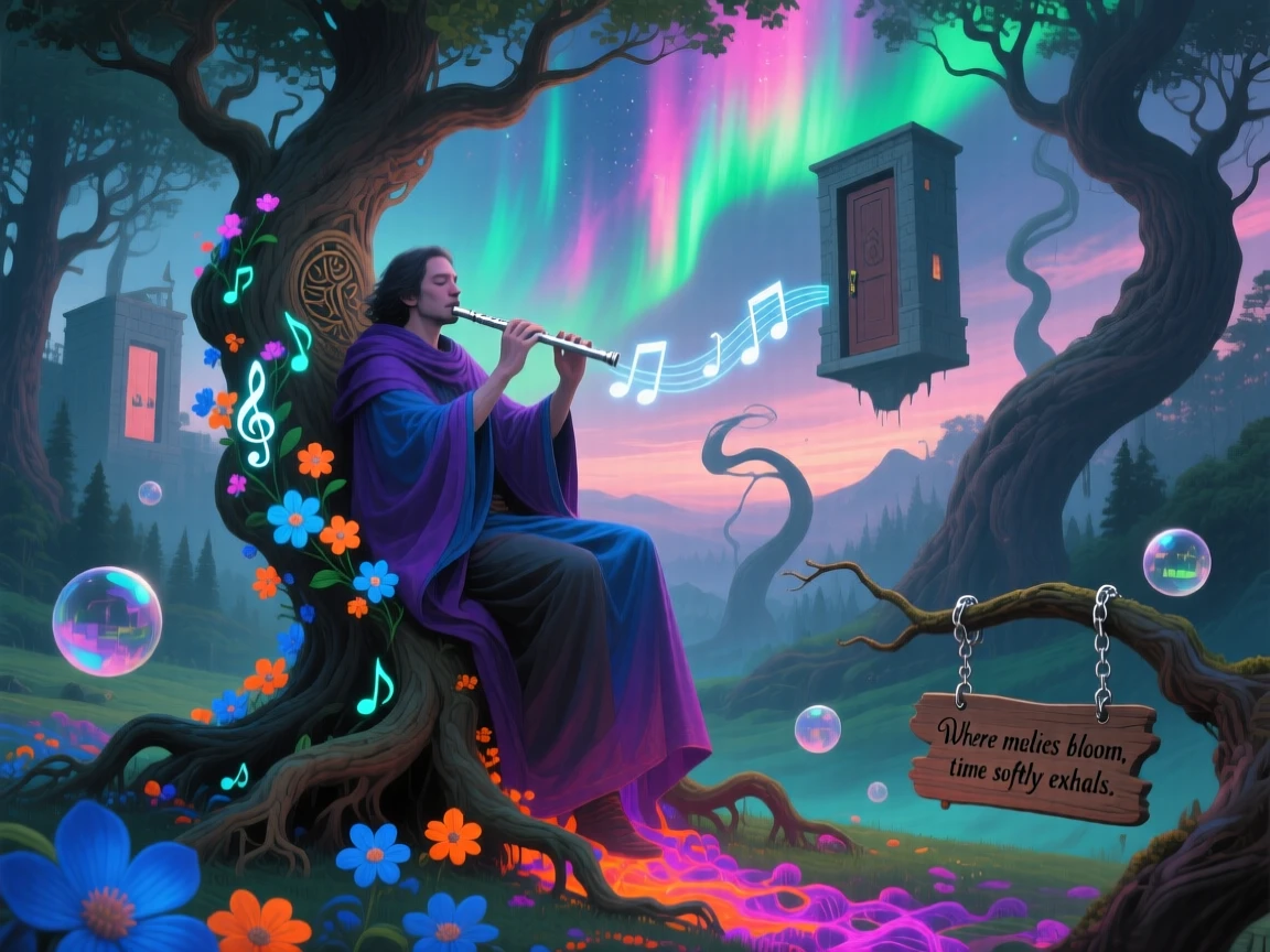 A wandering musician whose flute music grows small glowing flowers rests peacefully in a space that feels both familiar and strange, while distant sounds drift softly through the surrounding air.