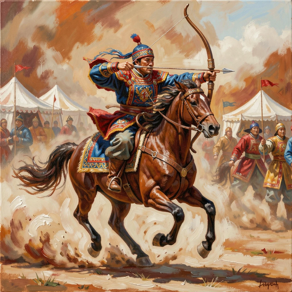 A traditional Mongolian horseback archer releases an arrow at full gallop, dust rising behind the powerful stride of the horse, the scene capturing a fleeting, candid moment within a larger ongoing celebration.
