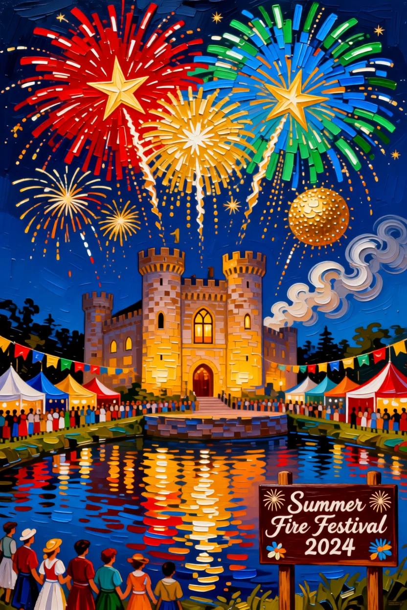 A grand fireworks display exploding over a historic castle during a summer festival