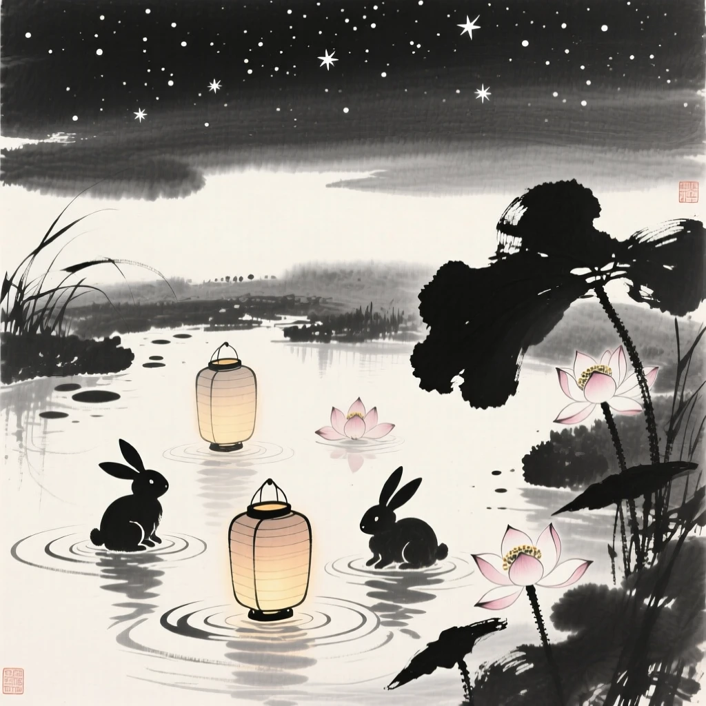 Lanterns shaped like rabbits and flowers float on a quiet garden pond, beneath a sky remarkably clear and full of stars.