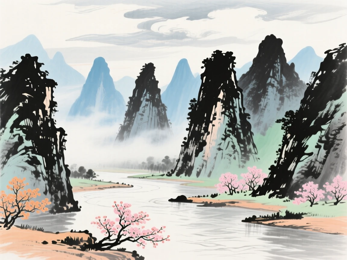 A range of jagged limestone karst peaks rising from a river, under drifting clouds, beneath low hanging clouds, as spring blossoms unfold.