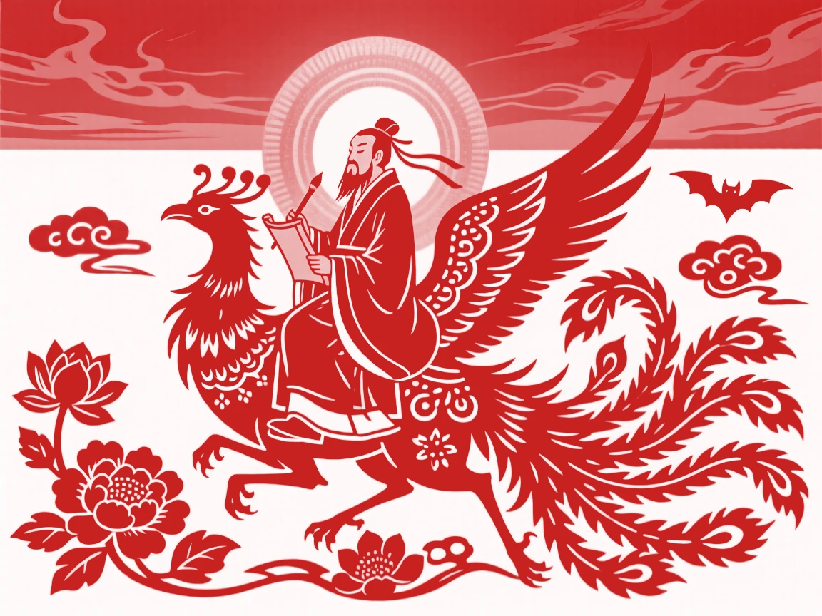 A wandering scholar-immortal, riding a phoenix across a fiery sunset sky, surrounded by a halo of golden light.