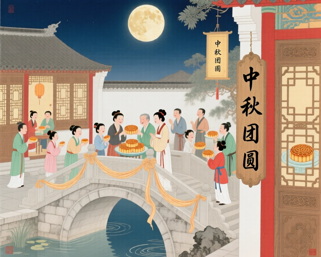 A mid-autumn festival gathering with families sharing mooncakes under a full moon, seen from a bridge overlooking the crowd
