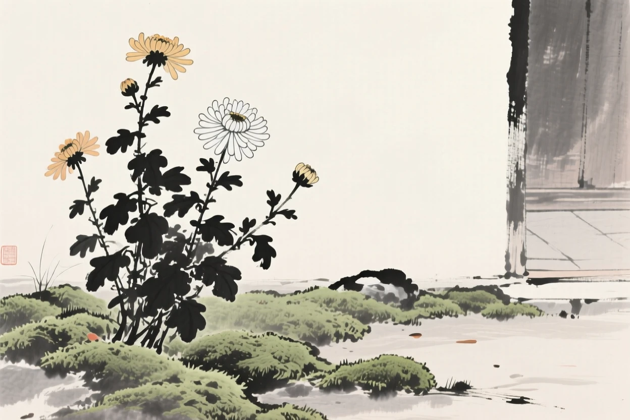 A stand of autumn chrysanthemums at the edge of a moss-covered courtyard, rendered in close, intimate detail, suggesting patience, resilience, and quiet strength.