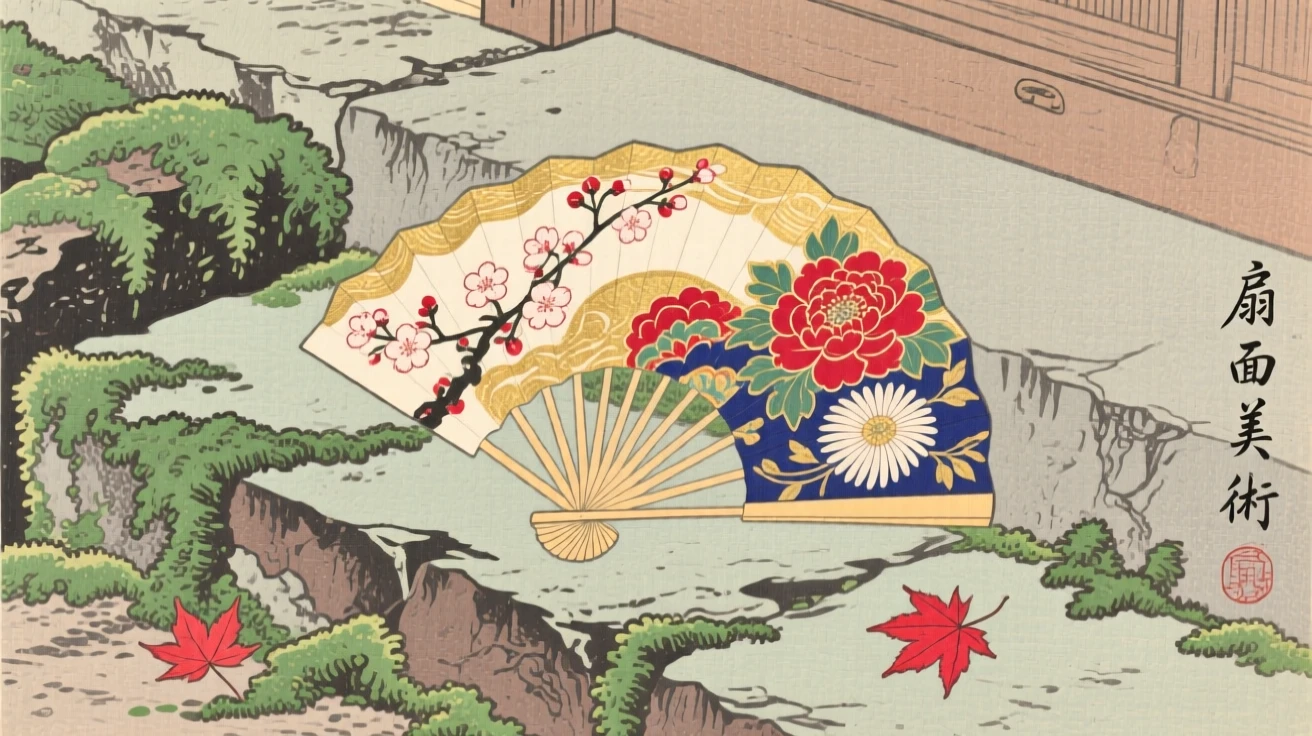 An ornate painted folding fan resting on a moss-covered stone step.