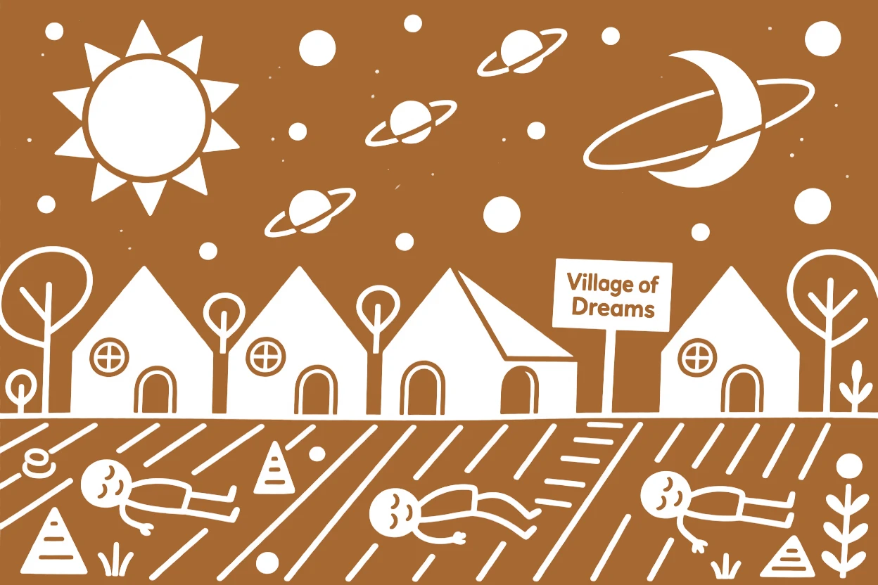 A cosmic scene showing sun, moon, and stars watching over a sleeping village.