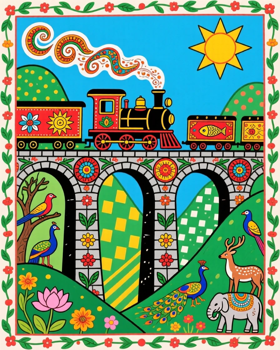 A vintage train crossing a high stone viaduct through green hills.