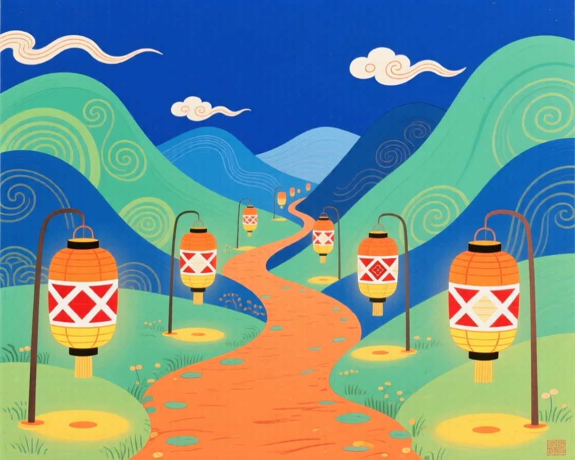 A dreamlike mountain path lined with lanterns that float just above the ground.