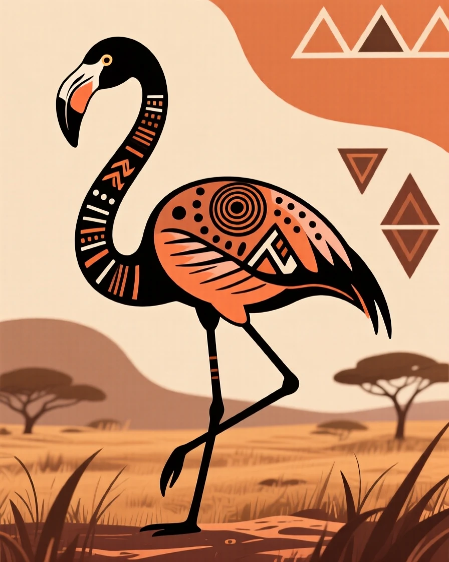 A flamingo standing alert on the savanna.