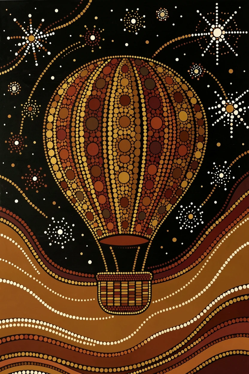 A drifting hot air balloon beneath a starry night sky