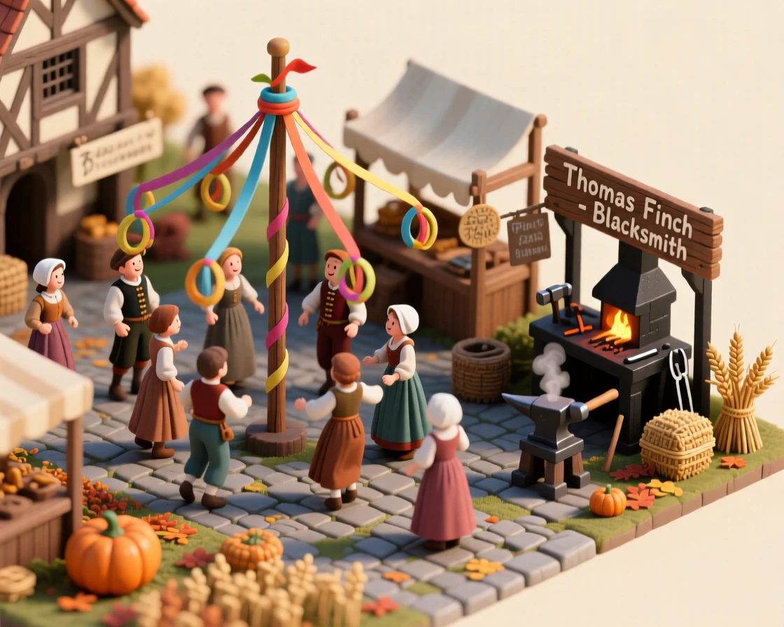 A Tudor-era English village fair with maypole dancing, a blacksmith's stall, and villagers in period dress celebrating harvest.