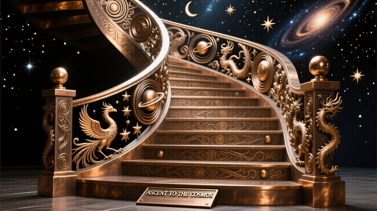 A celestial staircase ascending into the stars, with intricate, fantastical detail throughout, transporting the viewer to another world
