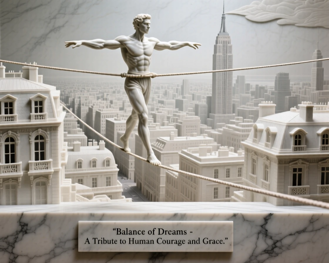A vivid, emotionally rich scene of a tightrope walker balanced high above a city, captured with cinematic depth and detail, designed to captivate and inspire