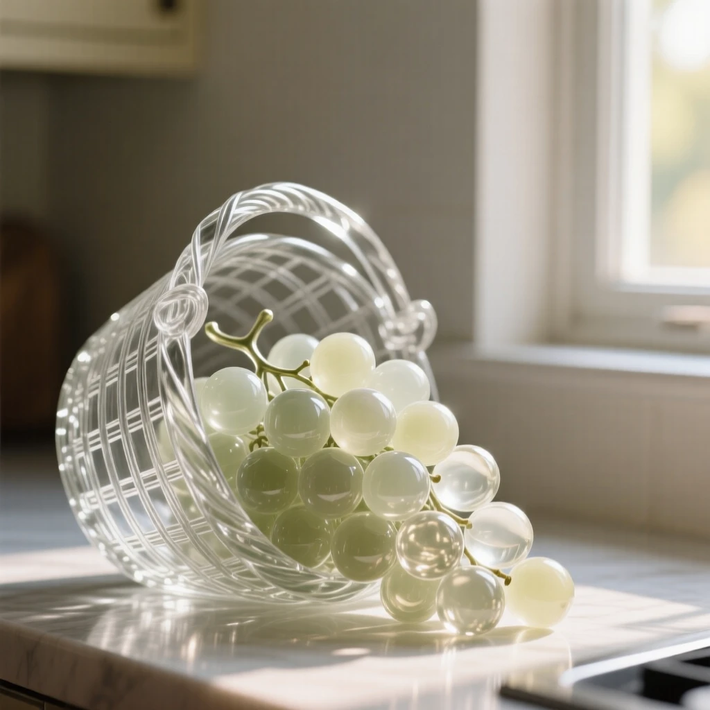 Beside a sunlit kitchen window, a bunch of grapes spilling from an overturned basket